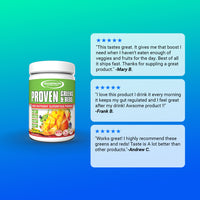 Testimonials for Gaspari Nutrition Proven Greens & Reds, showcasing user satisfaction and benefits of this nutritious superfood.