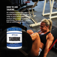 Instructional graphic on how to use Gaspari Nutrition Taurine, emphasizing its role as a dietary supplement for athletes.