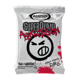 Close-up of a SuperPump Aggression sample sachet from Gaspari Nutrition in Fruit Punch Fury flavor, showcasing bold branding and a cheeky graphic design on the package.