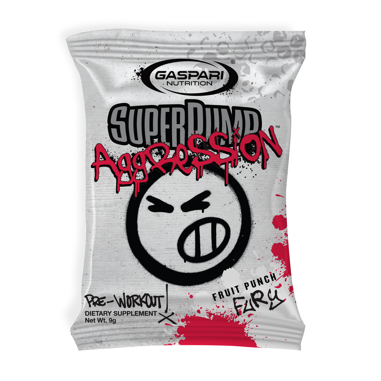 Close-up of a SuperPump Aggression sample sachet from Gaspari Nutrition in Fruit Punch Fury flavor, showcasing bold branding and a cheeky graphic design on the package.