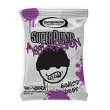 Close-up of a SuperPump Aggression sample sachet labeled Gangsta Grape, featuring a playful graphic character and graffiti-style text from Gaspari Nutrition.