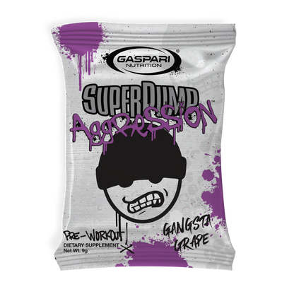 Close-up of a SuperPump Aggression sample sachet labeled Gangsta Grape, featuring a playful graphic character and graffiti-style text from Gaspari Nutrition.