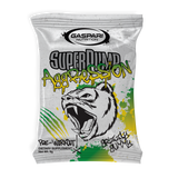 SuperPump Aggression sample sachet with an illustration of a roaring bear labeled Grizzly Gummy, showcasing vibrant colors and the Gaspari Nutrition logo.