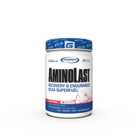 AminoLast Recovery & Endurance BCAA Superfuel container in Fruit Punch flavor, with 30 servings for workout recovery.