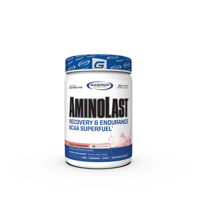 AminoLast Recovery & Endurance BCAA Superfuel container in Peach Raspberry flavor, designed for muscle recovery and endurance.