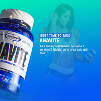 Visual guide for Anavite Tablets, providing recommended usage information to maximize the benefits of this sports multivitamin.