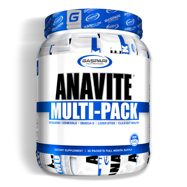 Anavite Multi-Pack by Gaspari Nutrition, featuring a rounded container with a blue and white design, labeled with 'Vitamins, Minerals, Omega-3, Liver DTOX, CLA & Gut Health'. The product promises a full month supply of dietary supplements.