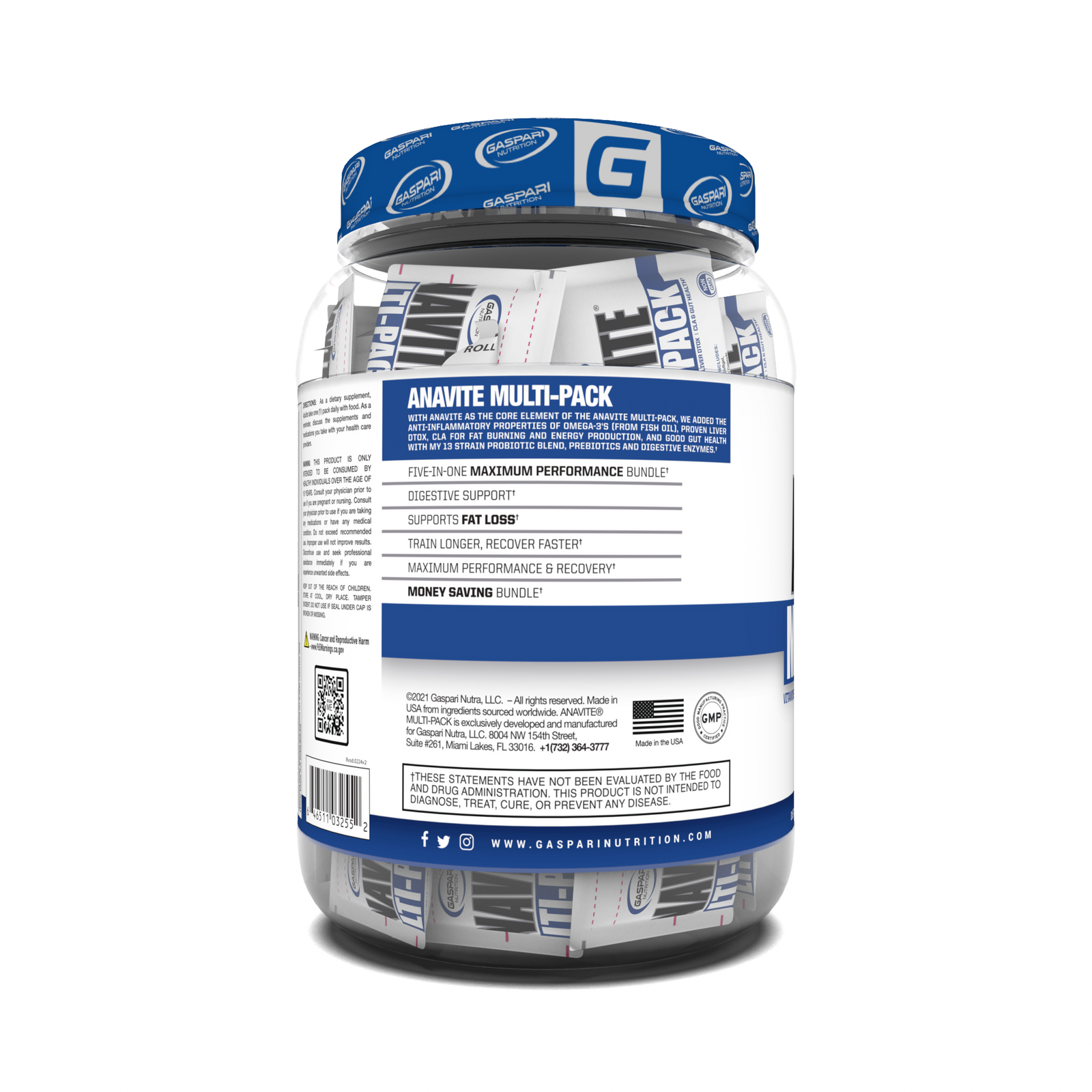 Side view of the Anavite Multi-Pack by Gaspari Nutrition, emphasizing its five-in-one benefits as a performance multivitamin for athletes.