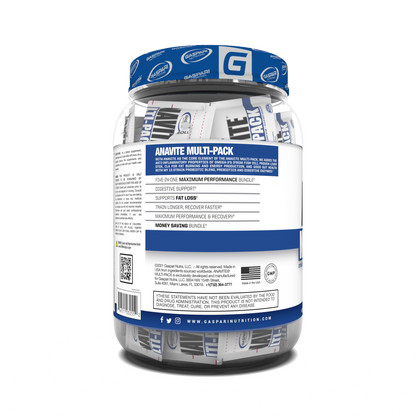 Side view of the Anavite Multi-Pack by Gaspari Nutrition, emphasizing its five-in-one benefits as a performance multivitamin for athletes.