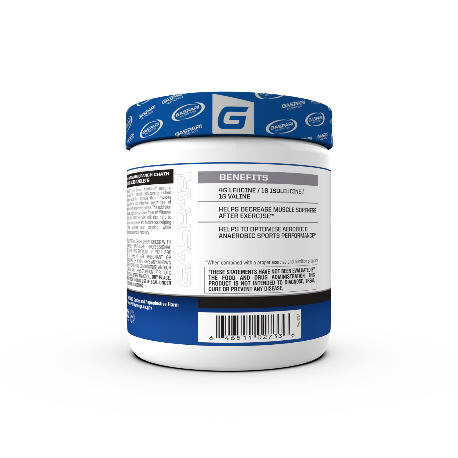 Back view of BCAA 6000™ Tablets by Gaspari Nutrition, highlighting benefits such as decreased muscle soreness and optimized athletic performance.
