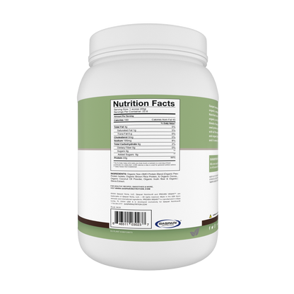 Gaspari Nutrition Proven Vegan™ Organic Plant-Based Protein powder jar showcasing Double Chocolate Cake flavor, highlighting 22g protein per serving and Non-GMO ingredients.