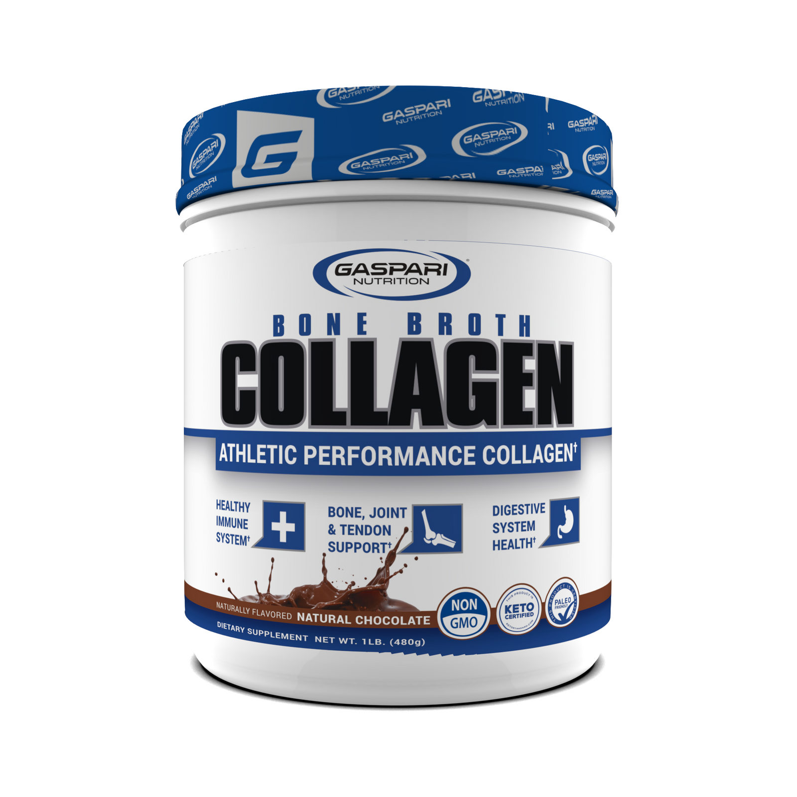 Gaspari Nutrition Bone Broth Collagen container with athletic performance focus, featuring natural chocolate flavor and highlighting immune system, joint and digestive health benefits.