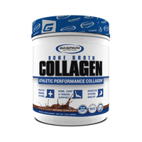 Gaspari Nutrition Bone Broth Collagen container with athletic performance focus, featuring natural chocolate flavor and highlighting immune system, joint and digestive health benefits.