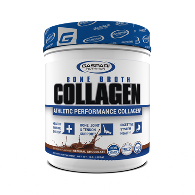 Gaspari Nutrition Bone Broth Collagen container with athletic performance focus, featuring natural chocolate flavor and highlighting immune system, joint and digestive health benefits.
