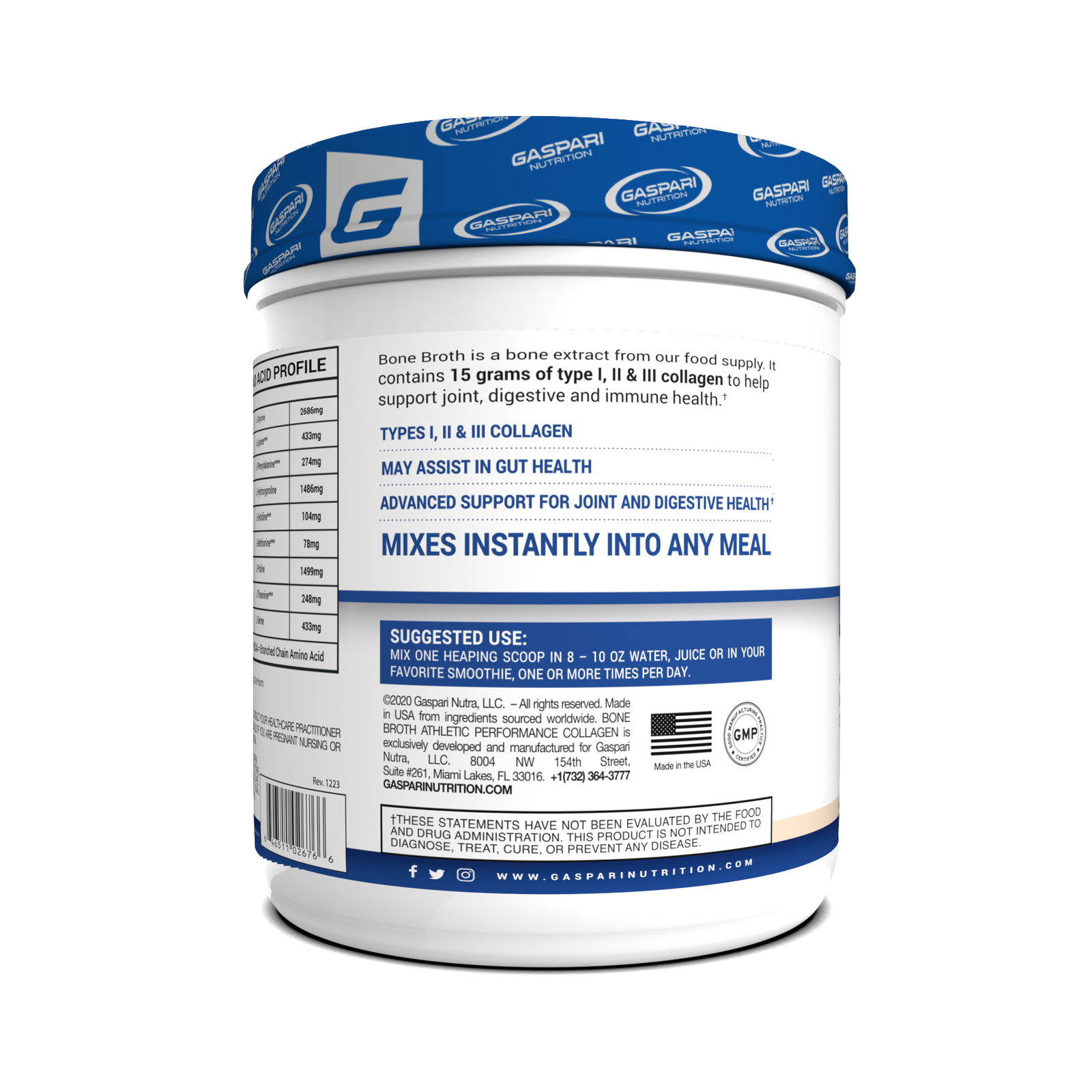 Gaspari Nutrition Bone Broth Collagen container in vanilla flavor, emphasizing its support for immune health, joints, and digestion in athletic routines.