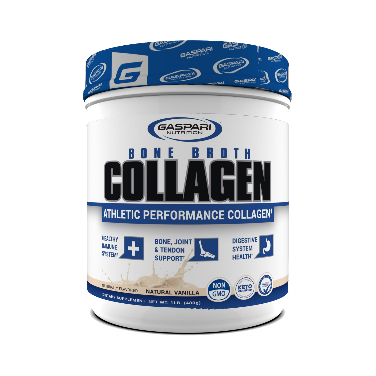 Gaspari Nutrition Bone Broth Collagen container in vanilla flavor, emphasizing its support for immune health, joints, and digestion in athletic routines.