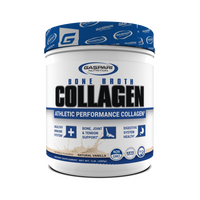 Gaspari Nutrition Bone Broth Collagen container in vanilla flavor, emphasizing its support for immune health, joints, and digestion in athletic routines.