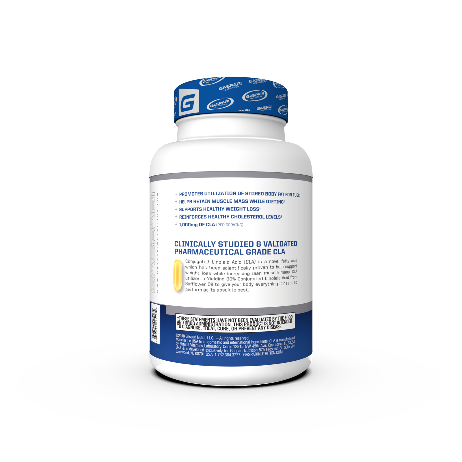 Side view of CLA – 1000mg Softgels for Weight Loss and Muscle Retention by Gaspari Nutrition, highlighting key benefits and features.