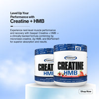 Two containers of Gaspari Nutrition Creatine + HMB supplement on a light blue background with promotional text.