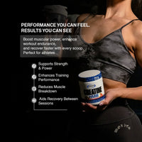 Person holding a creatine HMB supplement container with promotional text on a dark background