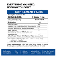 Supplement facts label with serving size, calories, and ingredient list on a white background.