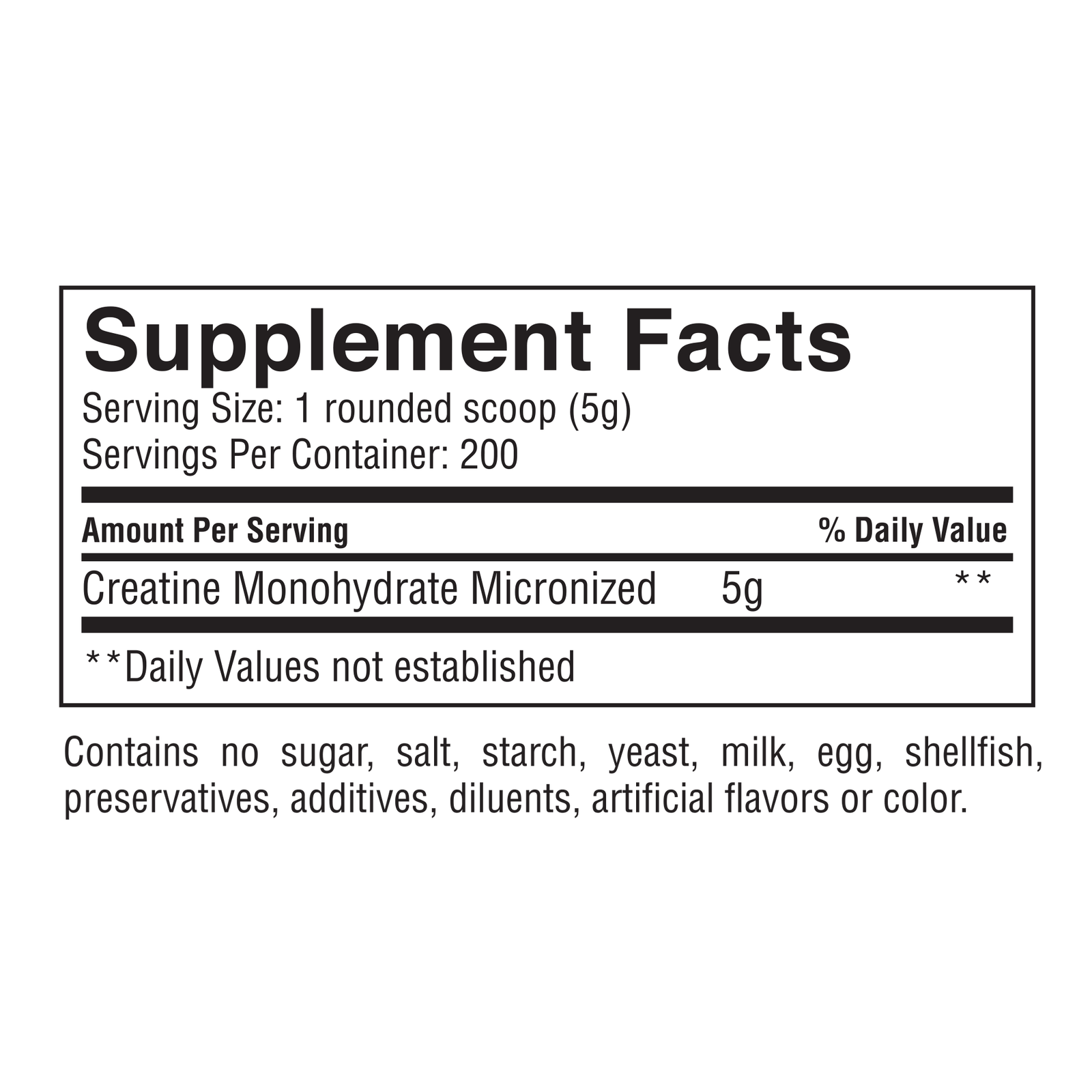 Supplement facts label for a larger 1kg container of Gaspari Creatine, listing 200 servings and highlighting 5g of Micronized Creatine, presented on a black background.