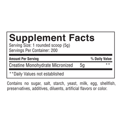 Supplement facts label for a larger 1kg container of Gaspari Creatine, listing 200 servings and highlighting 5g of Micronized Creatine, presented on a black background.