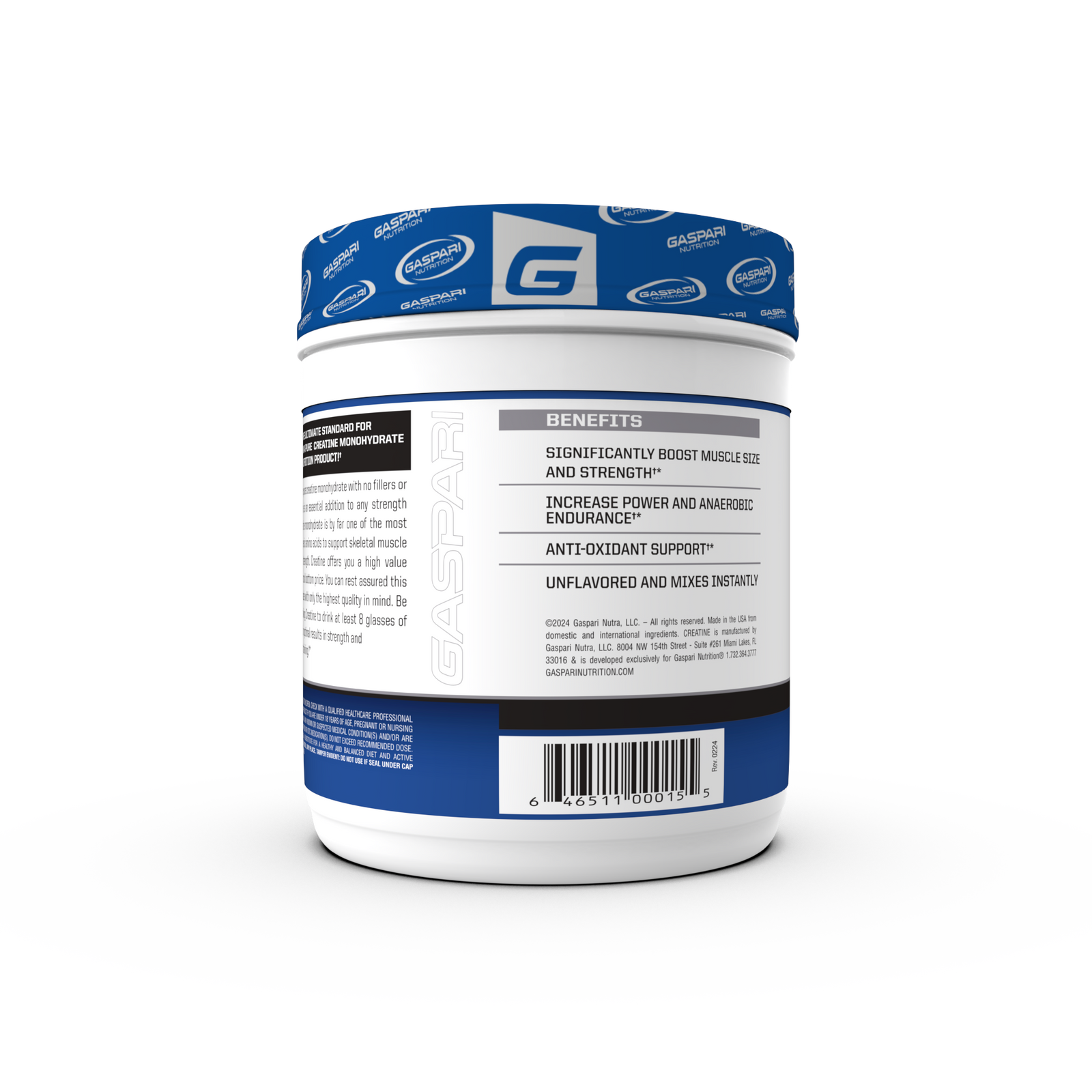 Container of Gaspari Nutrition Creatine, 300g, featuring bold text stating 'CREATINE' and 'PURE CREATINE MONOHYDRATE', with details about serving size and dietary information.
