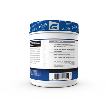 Container of Gaspari Nutrition Creatine, 300g, featuring bold text stating 'CREATINE' and 'PURE CREATINE MONOHYDRATE', with details about serving size and dietary information.
