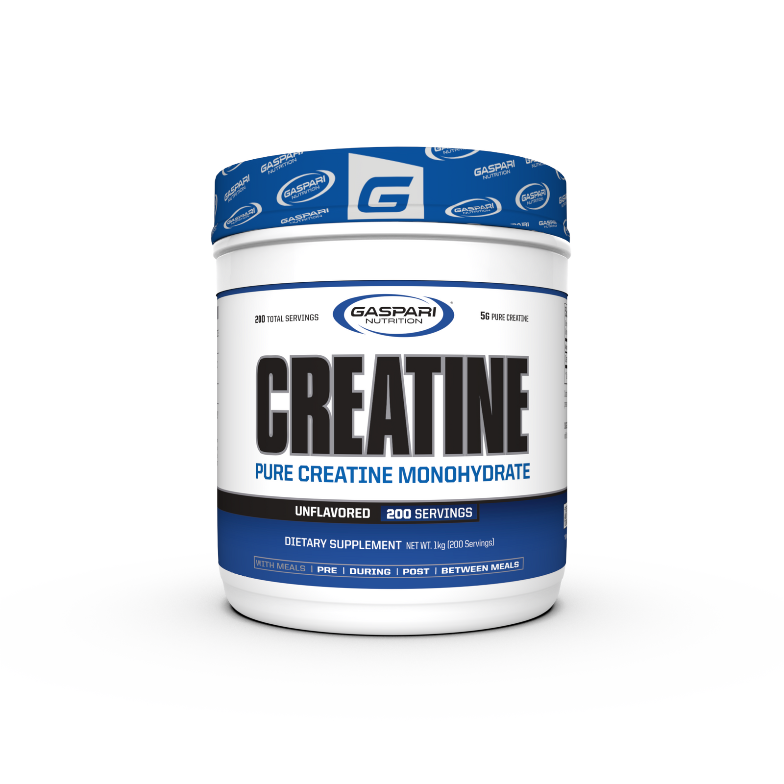 Container of Gaspari Nutrition Creatine, 300g, featuring bold text stating 'CREATINE' and 'PURE CREATINE MONOHYDRATE', with details about serving size and dietary information.