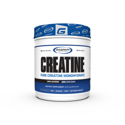 Container of Gaspari Nutrition Creatine, 300g, featuring bold text stating 'CREATINE' and 'PURE CREATINE MONOHYDRATE', with details about serving size and dietary information.