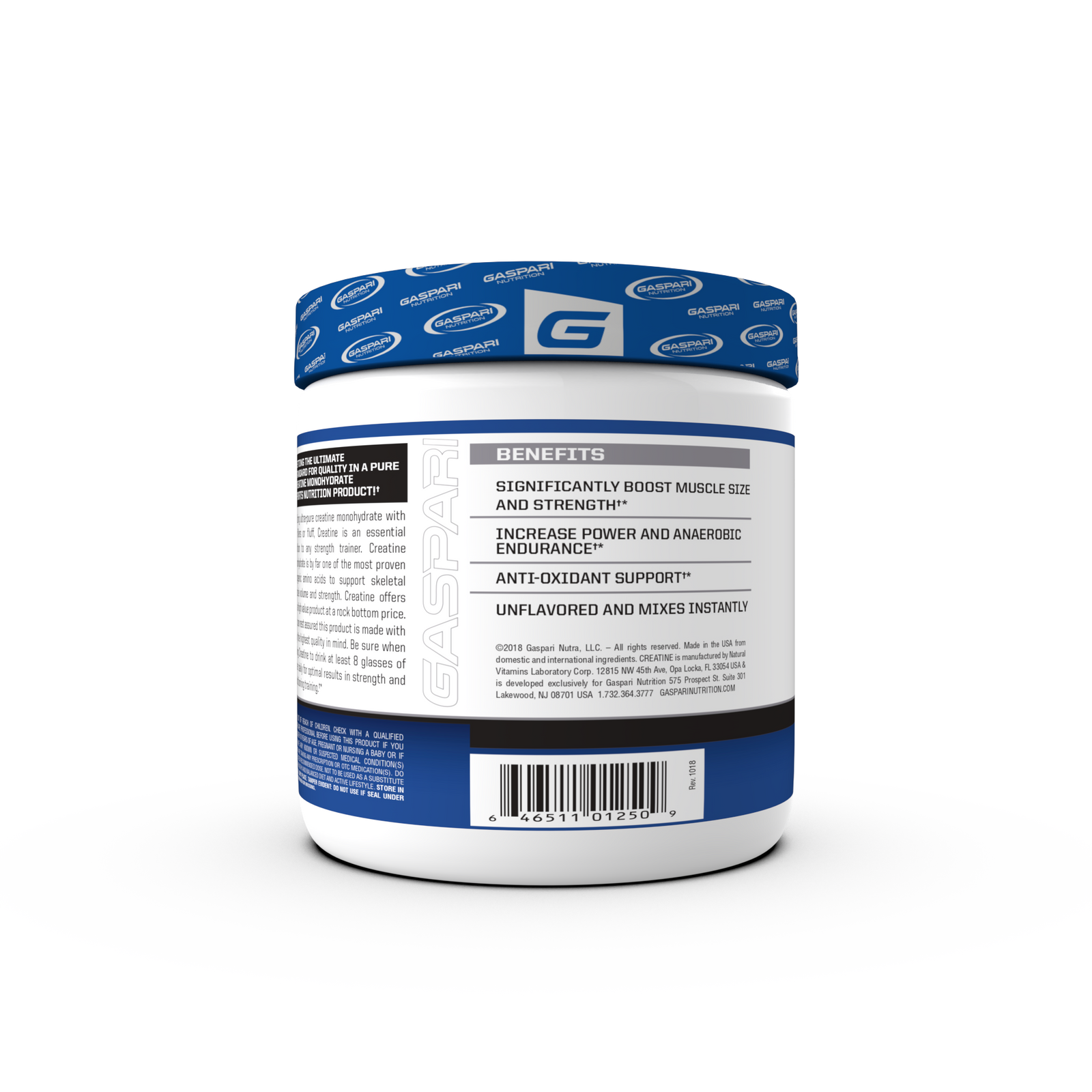 Container of Gaspari Nutrition Creatine, 300g, featuring bold text stating 'CREATINE' and 'PURE CREATINE MONOHYDRATE', with details about serving size and dietary information.
