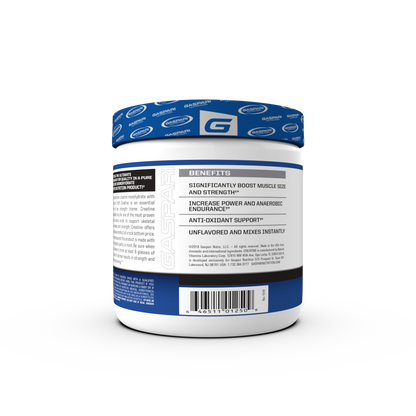 Container of Gaspari Nutrition Creatine, 300g, featuring bold text stating 'CREATINE' and 'PURE CREATINE MONOHYDRATE', with details about serving size and dietary information.

