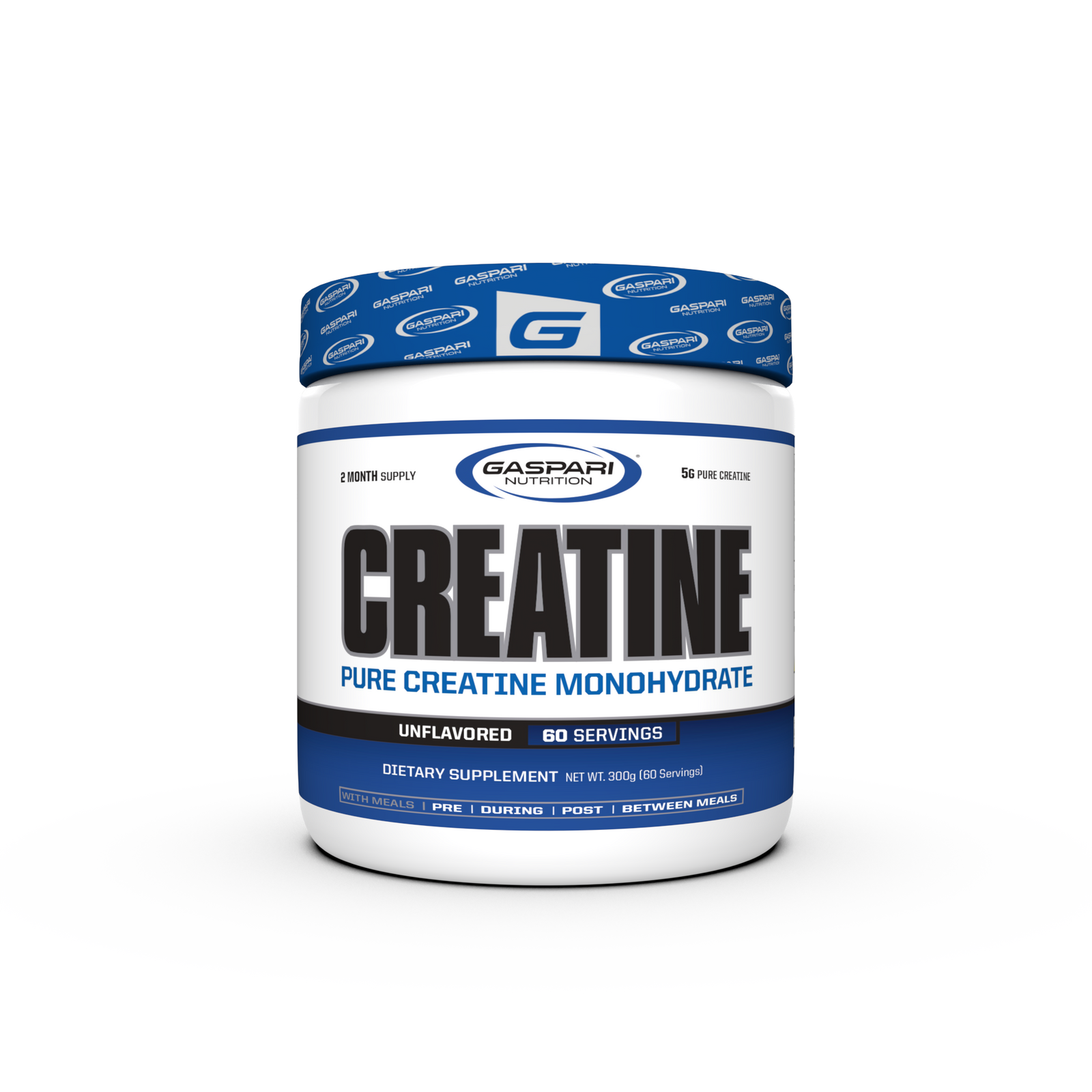 Container of Gaspari Nutrition Creatine, 300g, featuring bold text stating 'CREATINE' and 'PURE CREATINE MONOHYDRATE', with details about serving size and dietary information.
