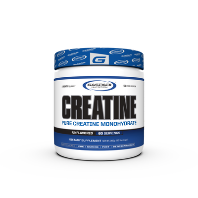 Container of Gaspari Nutrition Creatine, 300g, featuring bold text stating 'CREATINE' and 'PURE CREATINE MONOHYDRATE', with details about serving size and dietary information.
