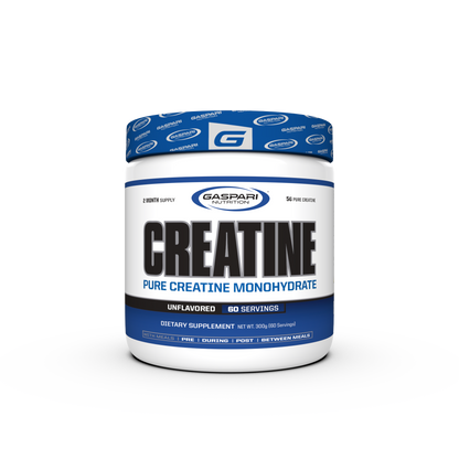 Container of Gaspari Nutrition Creatine, 300g, featuring bold text stating 'CREATINE' and 'PURE CREATINE MONOHYDRATE', with details about serving size and dietary information.
