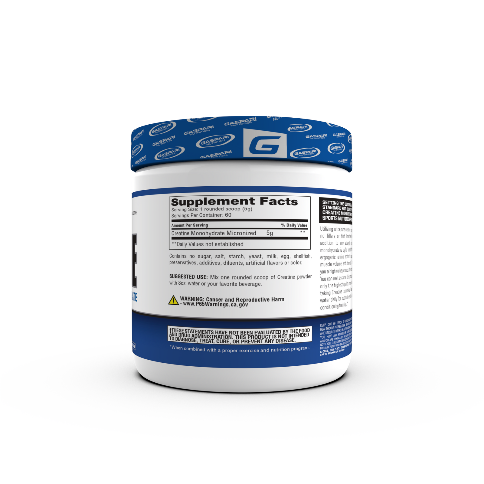 Container of Gaspari Nutrition Creatine, 300g, featuring bold text stating 'CREATINE' and 'PURE CREATINE MONOHYDRATE', with details about serving size and dietary information.
