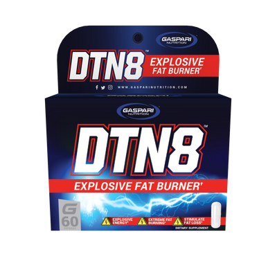 DTN8 Explosive Fat Burner by Gaspari Nutrition showcasing bold packaging with vibrant colors and key benefits listed on the front.