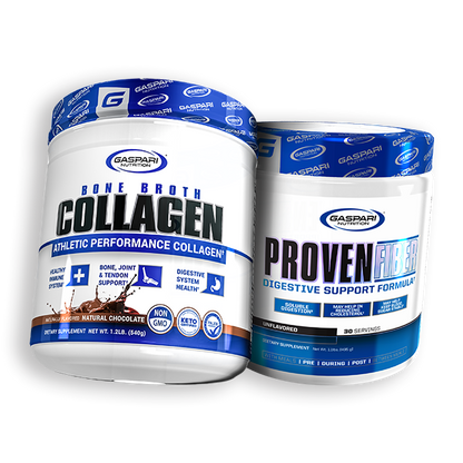 Digestive Aid Stack featuring Gaspari Nutrition's Bone Broth Collagen and Proven Fiber in natural chocolate flavor, highlighting support for digestive health and athletic performance.