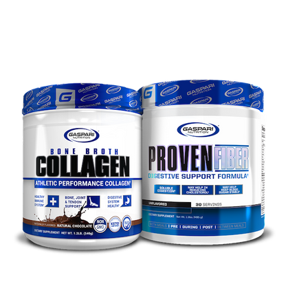Gaspari Nutrition's Bone Broth Collagen and Proven Fiber stack in unflavored variants, showcasing dietary supplements for digestive support and joint health.
