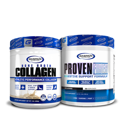 Gaspari Nutrition's Bone Broth Collagen and Proven Fiber supplements in vanilla flavor, promoting healthy digestion and overall wellness.
