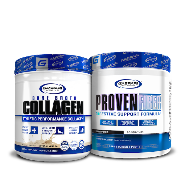 Gaspari Nutrition's Bone Broth Collagen and Proven Fiber supplements in vanilla flavor, promoting healthy digestion and overall wellness.
