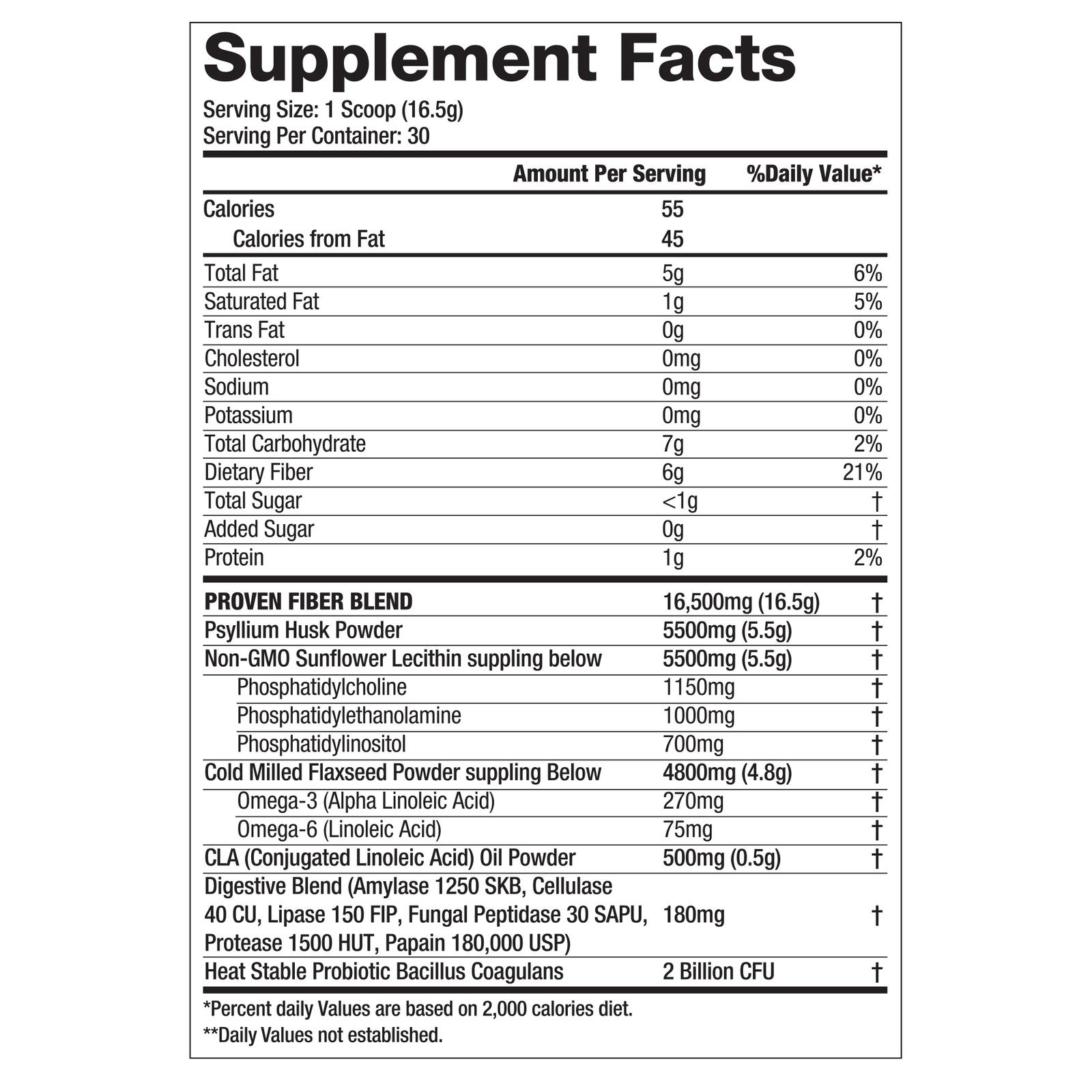 Nutritional information label for Gaspari Nutrition's Proven Fiber, providing details on calories, dietary fiber, and ingredients per serving.