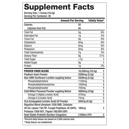 Nutritional information label for Gaspari Nutrition's Proven Fiber, providing details on calories, dietary fiber, and ingredients per serving.