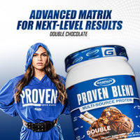 Proven Blend triple protein blend showcased with a model emphasizing the double chocolate flavor for peak performance.