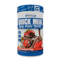 Gaspari Nutrition Quick Meal | Real Food Blend chocolate covered strawberries flavor, showcasing the nutrition profile with 25g protein, 7g fiber, and 17g carbs.