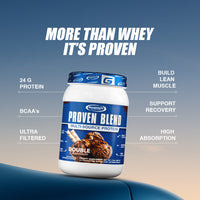 Proven Blend triple protein blend showcased with key nutritional benefits such as 24g protein, BCAAs, and high absorption.