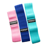 Set of three Gaspari Booty Bands in pink, blue, and teal. Perfect gym accessory for glute training.