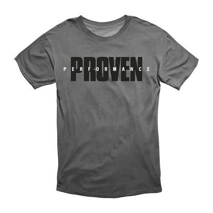 Gray Gaspari Proven Performance Tee featuring bold lettering of 'PROVEN' and 'PERFORMANCE' on the front.
