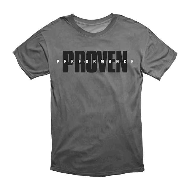 Gray Gaspari Proven Performance Tee featuring bold lettering of 'PROVEN' and 'PERFORMANCE' on the front.